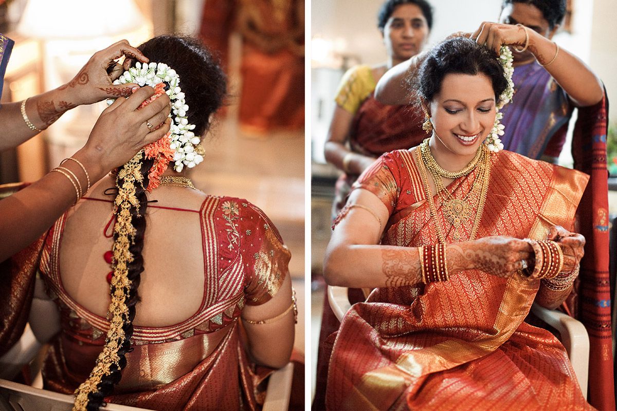 Indian bridal make-up real bride with flowers in hair at Hindu wedding