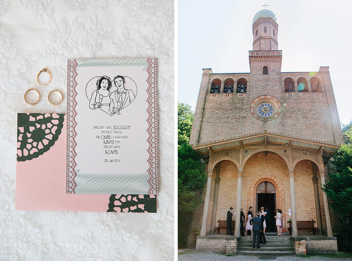 Hochzeitsfoto vor Trauung in der evangelischen Kirche St. Peter und Paul auf Nikolskoe aufgenommen von professionellem Hochzeitsfotografen Berlin © Hochzeit Berlin www.hochzeitslicht.de