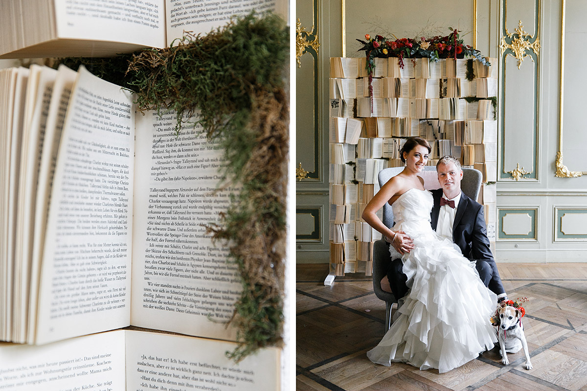 Hochzeitsfoto von Brautpaar mit Familienhund und Detailfoto von DIY-Buch-Backdrop aufgenommen von Hochzeitsfotograf im Ermelerhaus Berlin-Mitte © Hochzeit Berlin www.hochzeitslicht.de