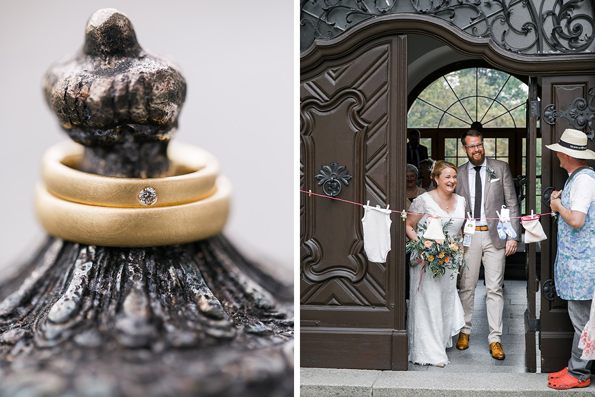 Hochzeitsreportagefoto von Auszug des Brautpaares und Detailfoto der Eheringe nach standesamtlicher Hochzeit im Alten Schloss Bad Muskau, Lausitz © Hochzeitsfotograf Berlin www.hochzeitslicht.de