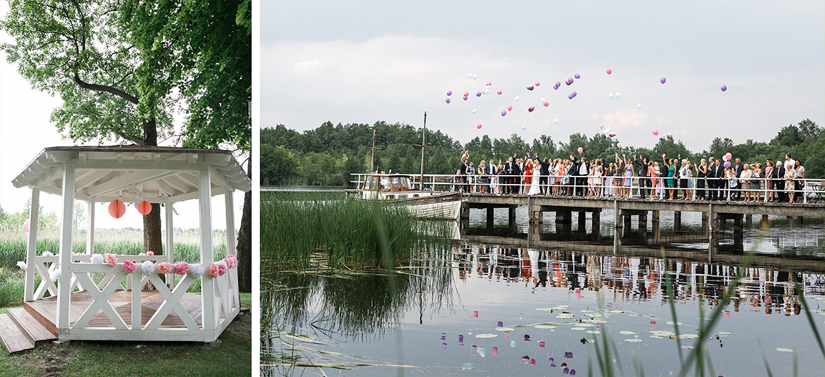 Gäste lassen Luftballons mit guten Wünschen für Brautpaar steigen bei Heirat in Seelodge Kremmen - Seelodge Kremmen Hochzeitsfotograf © www.hochzeitslicht.de