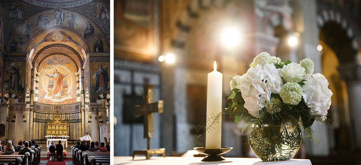 Hochzeitsfotos von Trauung und Detailfoto von Altar bei Herz Jesu Kirche Hochzeit in Berlin-Mitte - Soho House Berlin Hochzeitsfotograf © www.hochzeitslicht.de