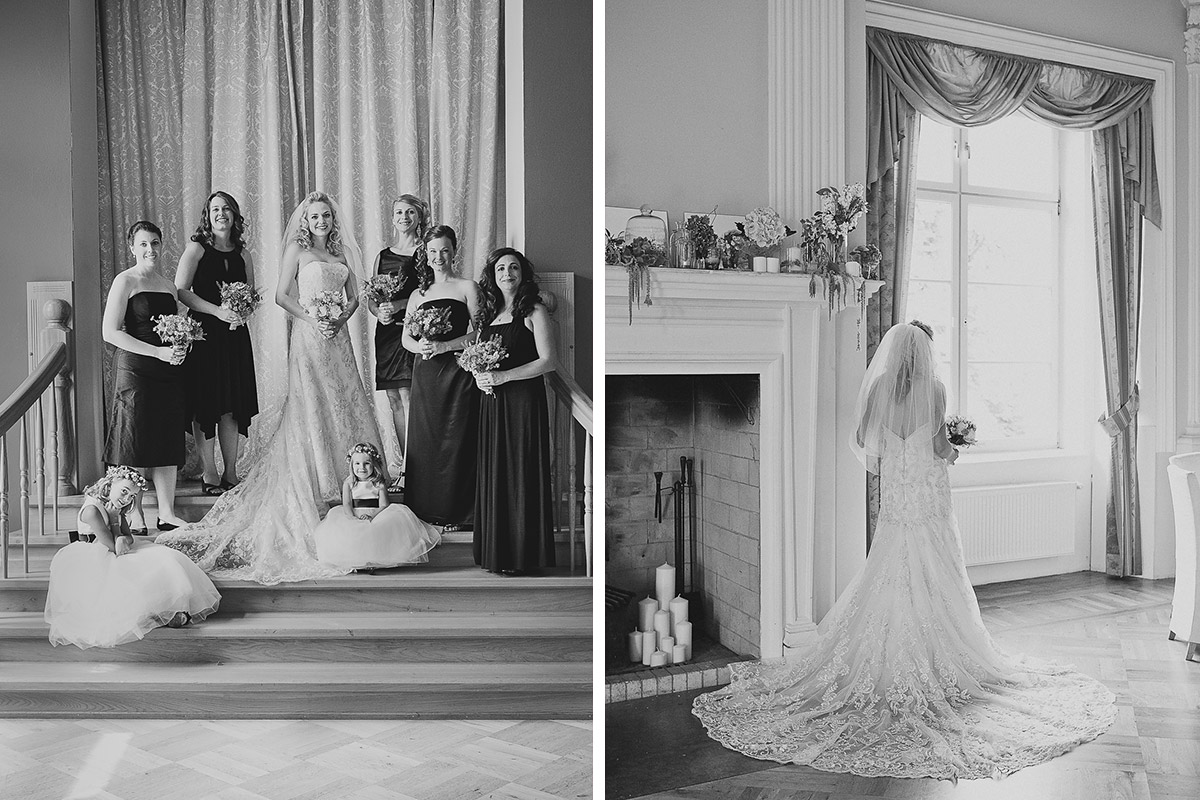 Hochzeitsfotos von Braut mit ihren Brautjungfern und Braut von hinten in Spitzenbrautkleid mit Spitzenschleppe bei vintage Hochzeit Schloss Boitzenburg Uckermark © Hochzeitsfotograf Berlin www.hochzeitslicht.de