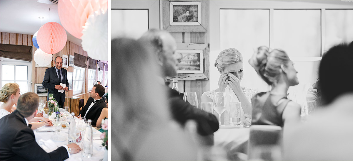 Hochzeitsreportage von gerührter Braut bei Rede des Brautvaters während Hochzeit in Seelodge Kremmen - Seelodge Kremmen Hochzeitsfotograf © www.hochzeitslicht.de