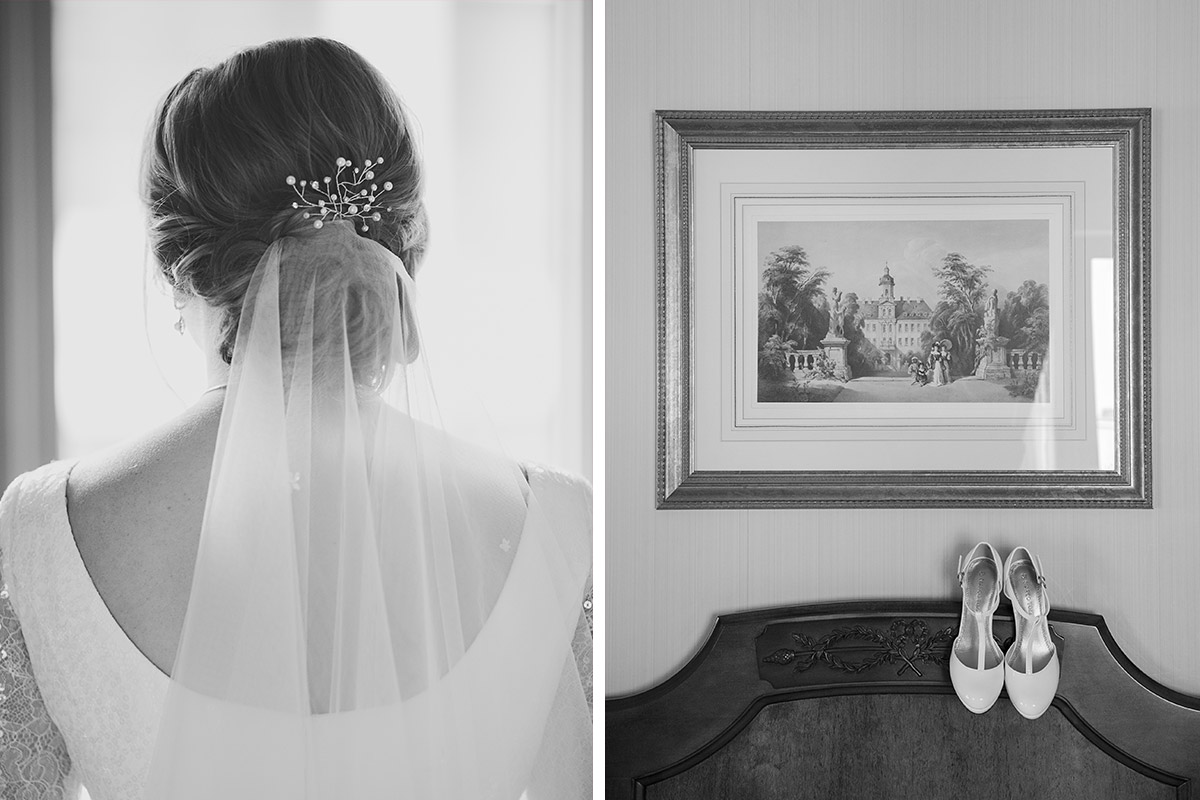 Detailfoto von Schleier und Haarschmuck der Braut sowie Brautschuhen bei The Regent Berlin Hochzeit - Hotel Regent Berlin Hochzeitsfotograf © www.hochzeitslicht.de