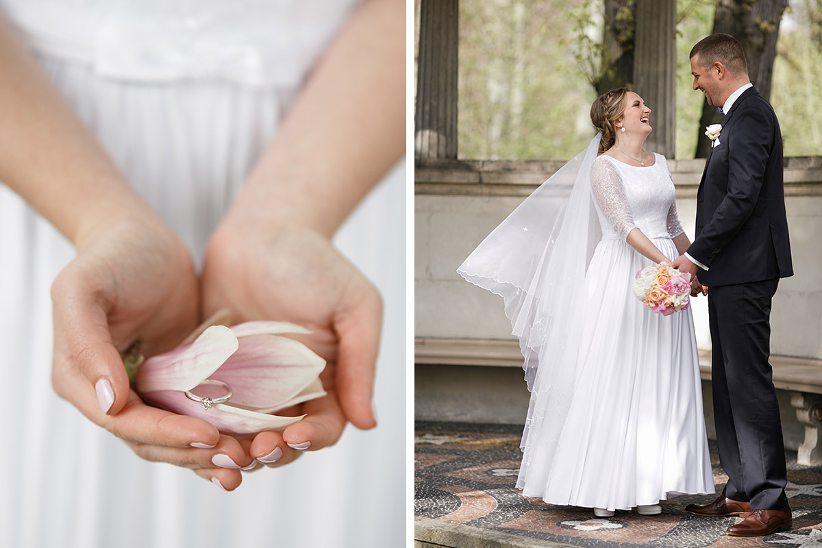 Detailfoto von Ring mit Magnolienblüte und ungestelltes Brautpaarfoto - Löwenpalais Berlin Hochzeitsfotograf © www.hochzeitslicht.de