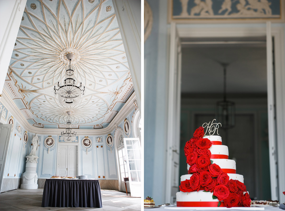 Hochzeitsfotos von Festsaal im Schloss Neuhardenberg und von fünfstöckiger Hochzeitstorte mit roten Rosen - Schloss Neuhardenberg Hochzeitsfotograf © www.hochzeitslicht.de