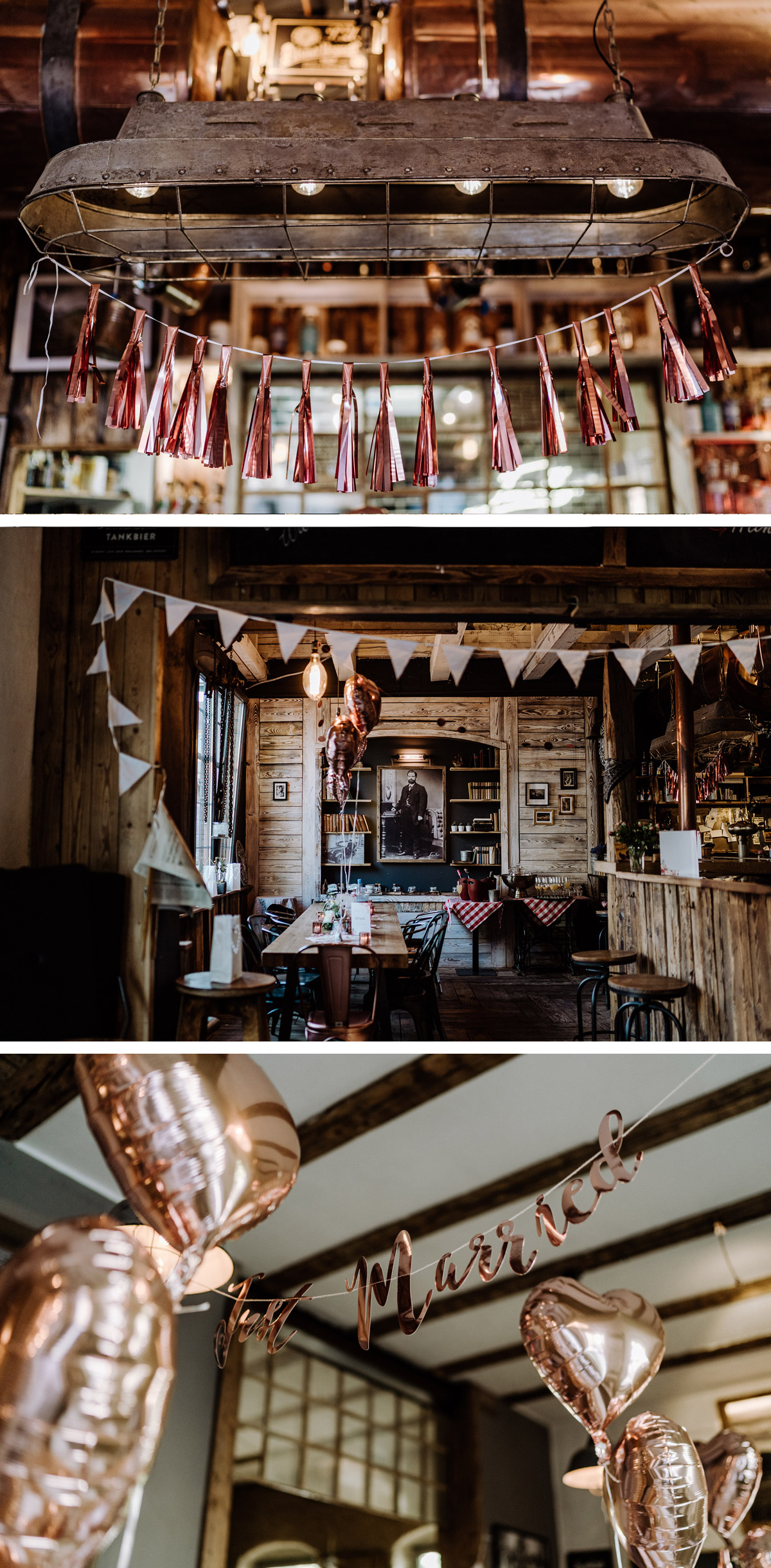 Standesamt Hochzeitsdeko Feier DIY in Kupfer Girlanden und Luftballons in Café Hochzeitslocation Fritz Heyn von Hochzeitsfotograf Berlin © www.hochzeitslicht.de #hochzeitslicht