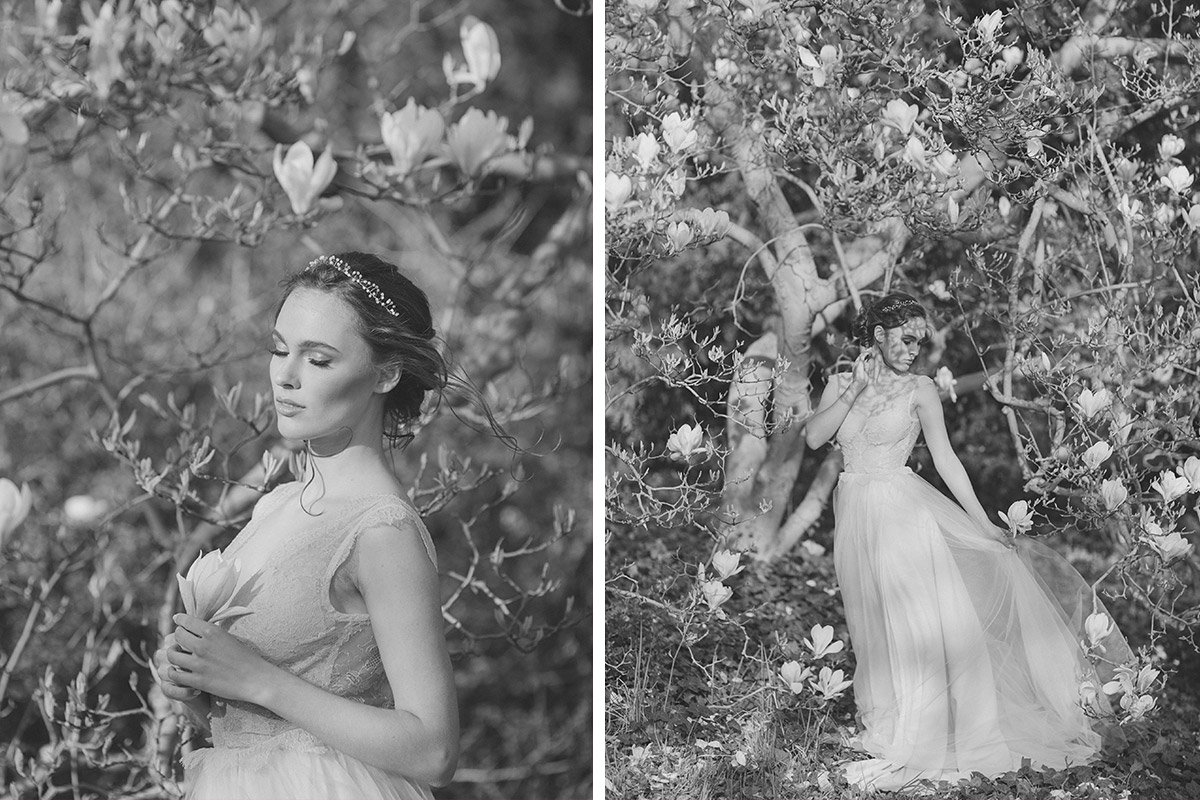 verträumte schwarz-weiß Hochzeitsfotos von Braut unter blühendem Magnolienbaum - Editorial Shooting Magnolie Frühlingshochzeit Berlin © www.hochzeitslicht.de