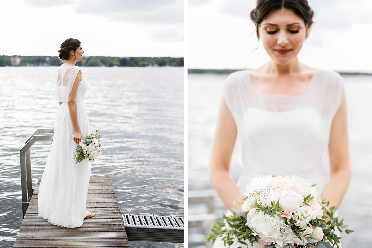 verträumte Hochzeitsfotos der Braut auf Bootssteg am Wannsee - Gästehaus Villa Blumenfisch am Großen Wannsee Berlin Hochzeitsfotograf © www.hochzeitslicht.de