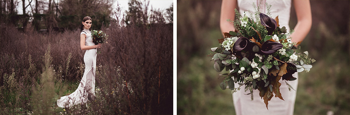 herbstlicher Brautstrauß aus dunkelroten Blumen, weißen Blumen und Herbstlaub - Herbst Hochzeit Berlin Hochzeitsfotograf © www.hochzeitslicht.de