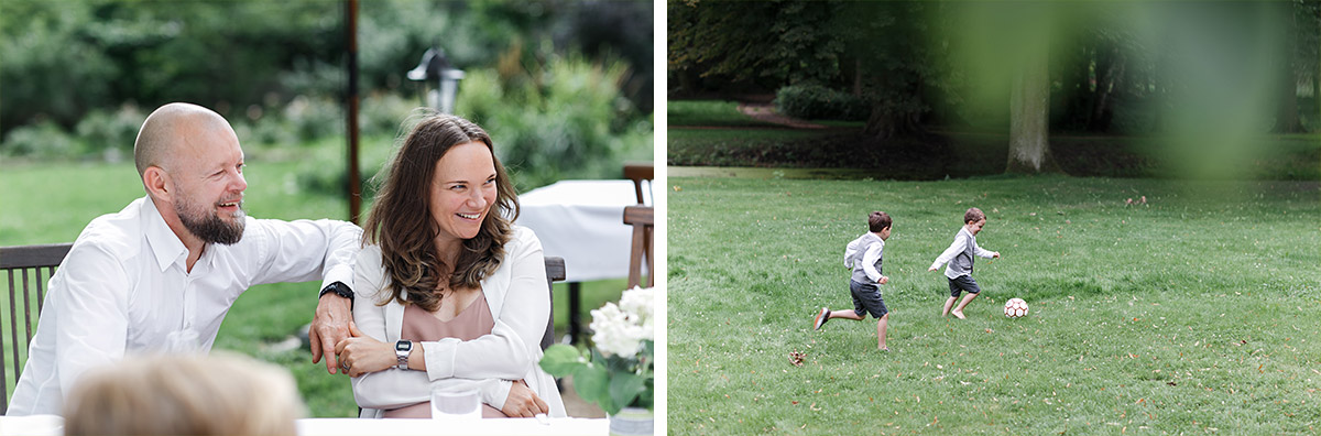 Hochzeitsfotos von Gästen und spielenden Kindern im Garten - Schloss Ziethen Kremmen Hochzeitsfotograf © www.hochzeitslicht.de