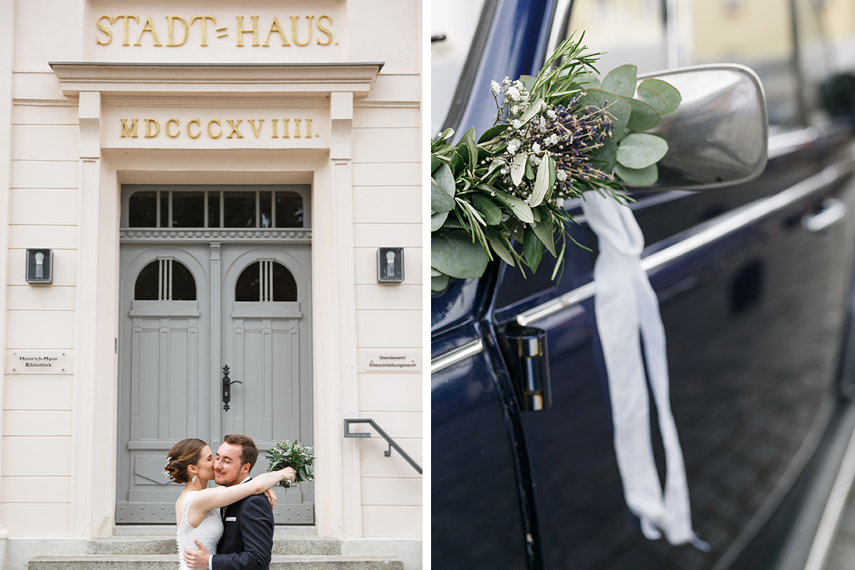 Hochzeitsfotos von Brautpaar und Hochzeitsauto Käfer-Cabrio nach Trauung im Standesamt Strausberg - Landhaus Garzau Märkische Schweiz Hochzeitsfotograf © www.hochzeitslicht.de