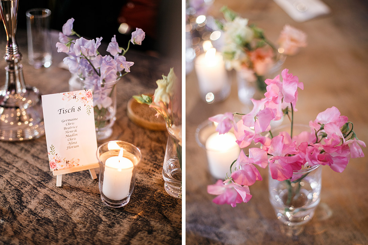 Tischdekoration bei Frühlingshochzeit im Magazin in der Heeresbäckerei - Berlin Hochzeitsfotograf © www.hochzeitslicht.de