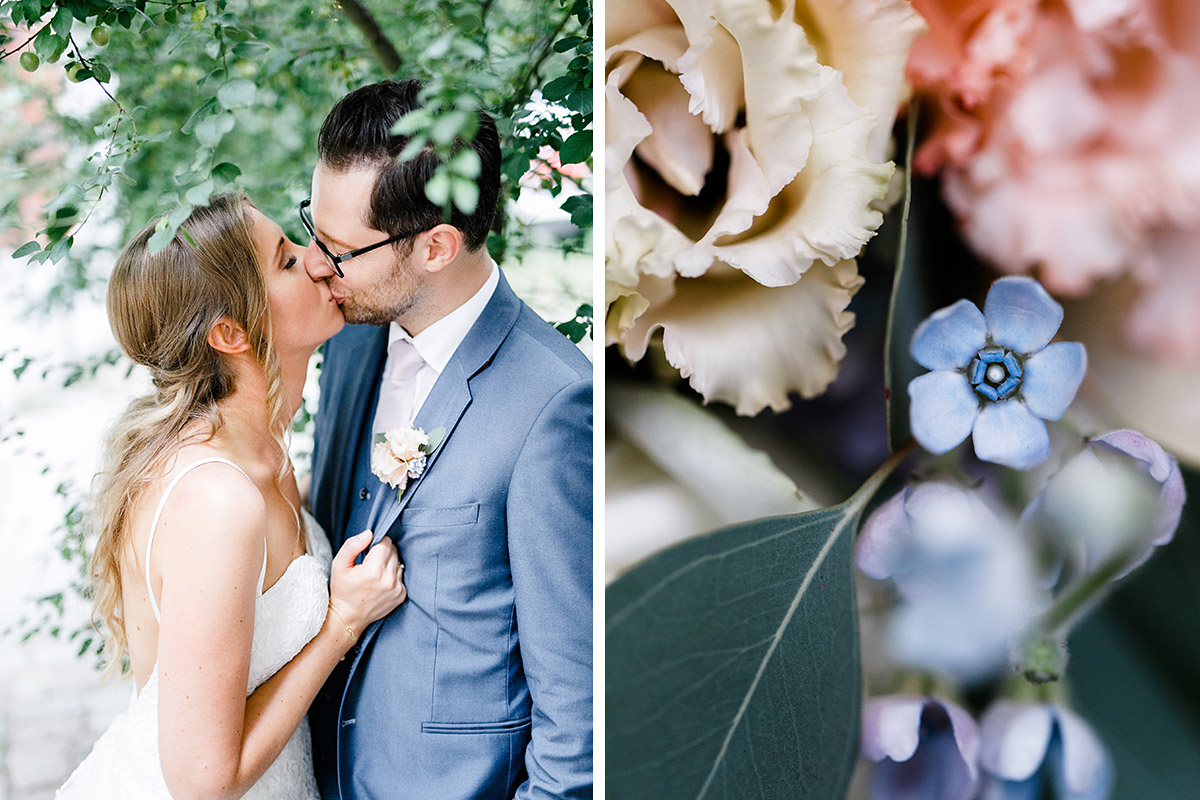 sommerliches Brautpaarfoto und Detailfoto Brautstrauß in zarten Farben - Berlin Hochzeitsfotograf © www.hochzeitslicht.de