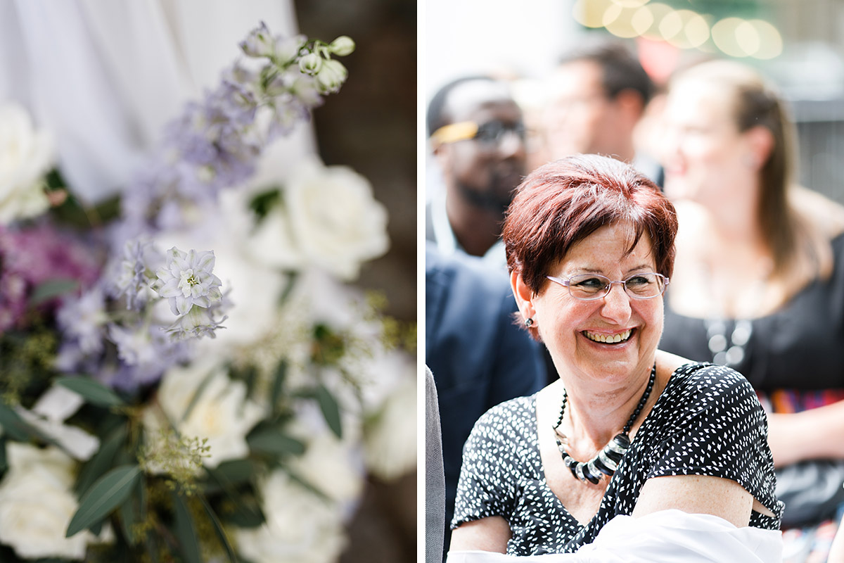 Hochzeitsgast und Blumenschmuck bei Sommerhochzeit - Berlin Hochzeitsfotograf © www.hochzeitslicht.de