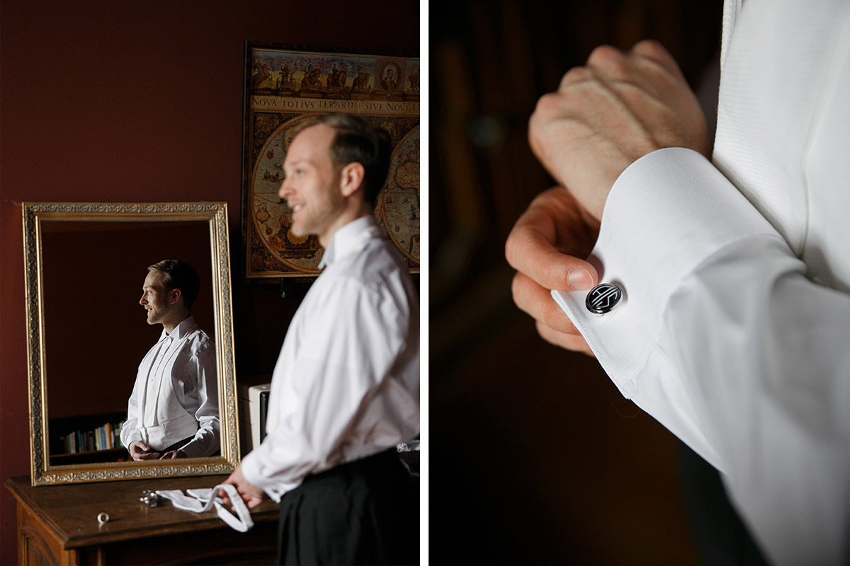 Ankleiden von Bräutigam bei Vintage-Hochzeit - Schloss Kröchlendorff Hochzeitsfotograf © www.hochzeitslicht.de