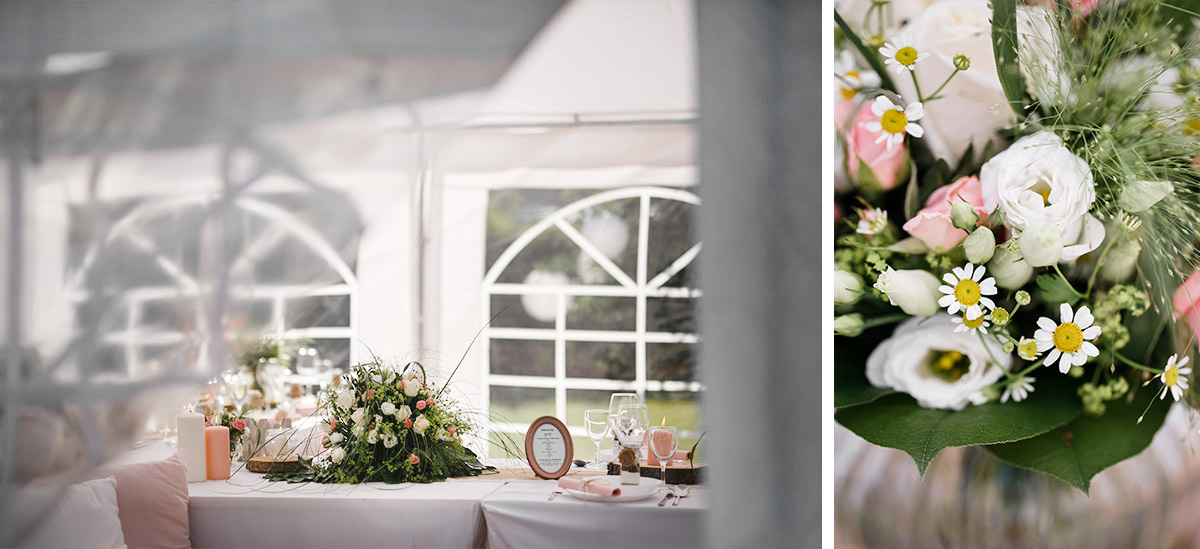 dekoriertes Festzelt Sommerhochzeit im Garten - Gartenhochzeit Berlin Hochzeitsfotograf © www.hochzeitslicht.de