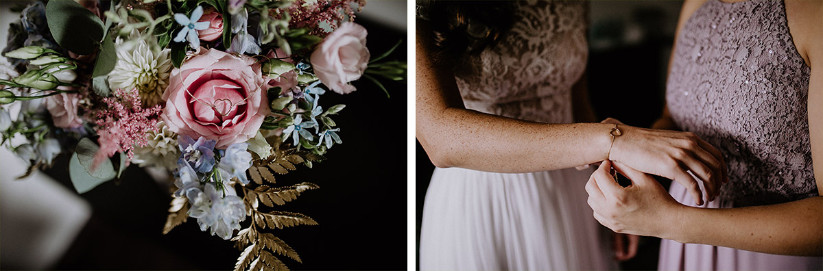 Brautstrauß aus rosa, weißen und hellblauen Blumen mit goldenen Details