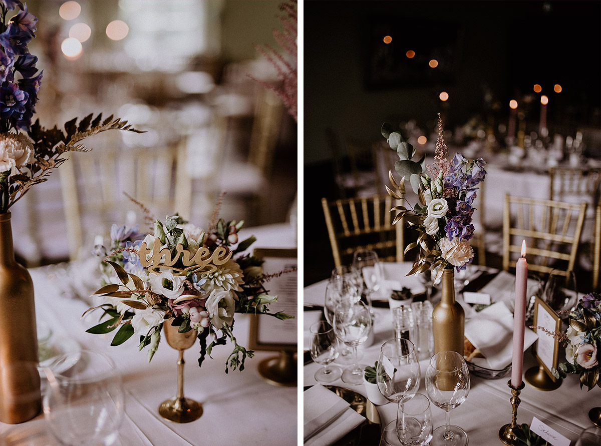 Schloss Kartzow Tischdeko Hochzeit Blumenvasen als Tischkarten und Centerpiece