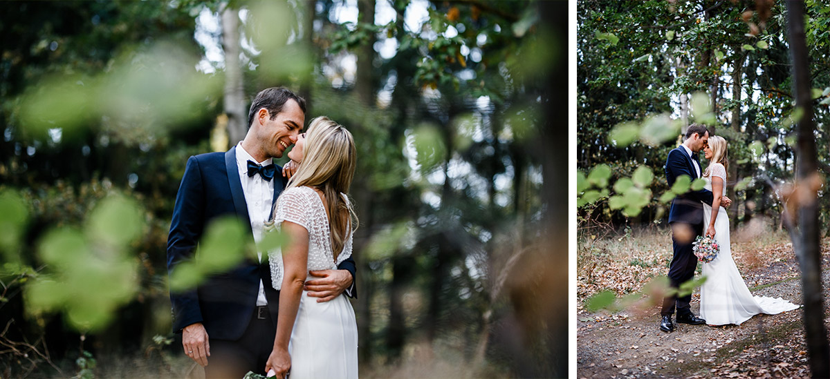 stimmungsvolles Brautpaarfoto im Wald - Seehaus Schloss Liebenberg Hochzeitsfotograf © www.hochzeitslicht.de