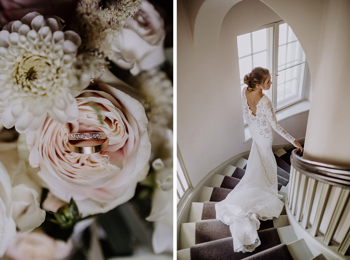 Brautkleid mit tiefem Rückenausschnitt und Schleppe - Schloss Kartzow Hochzeitsfotograf © www.hochzeitslicht.de