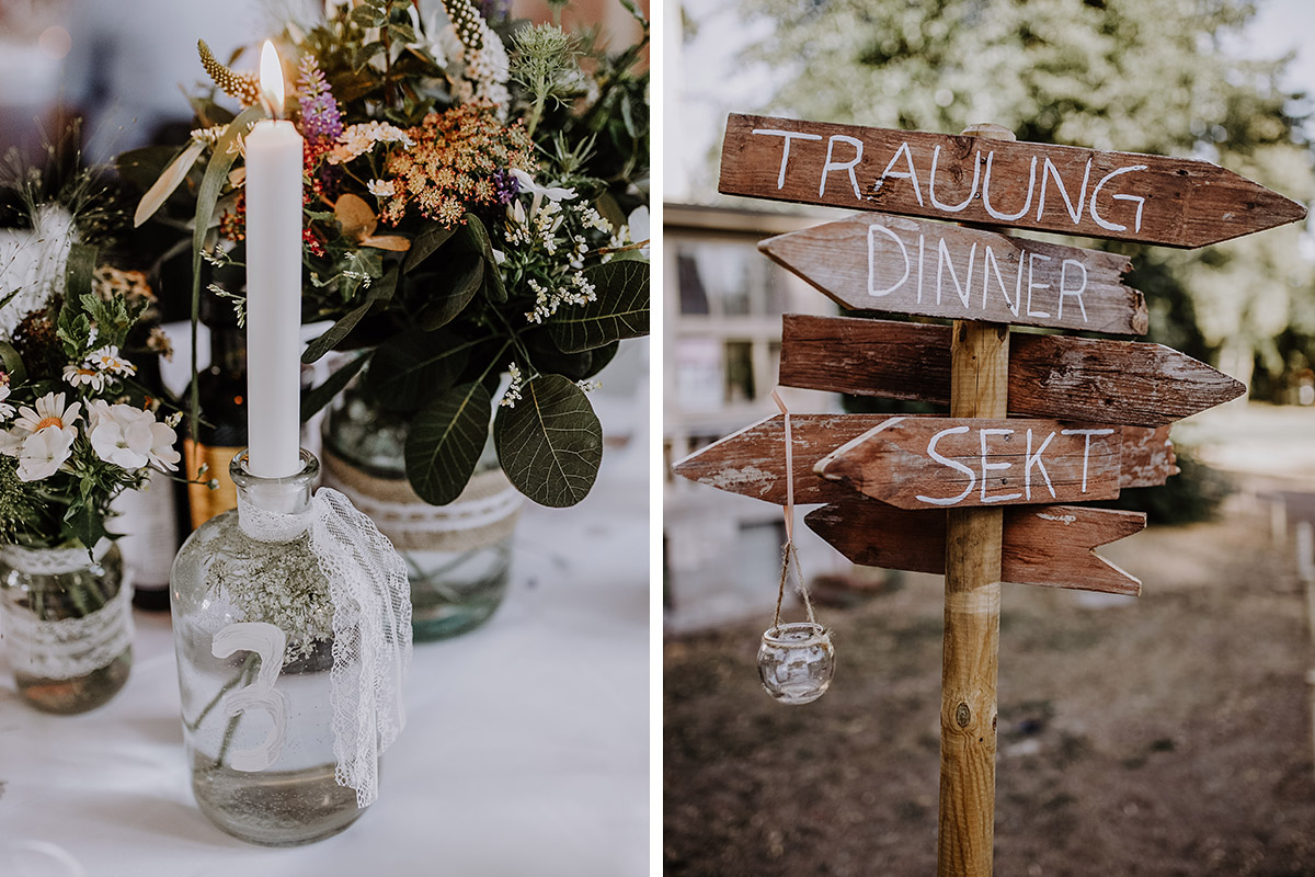 Sommerliche Tischdekoration Hochzeit und Wegweiser Holz - Schloss Marquardt Potsdam Hochzeitsfotograf © www.hochzeitslicht.de