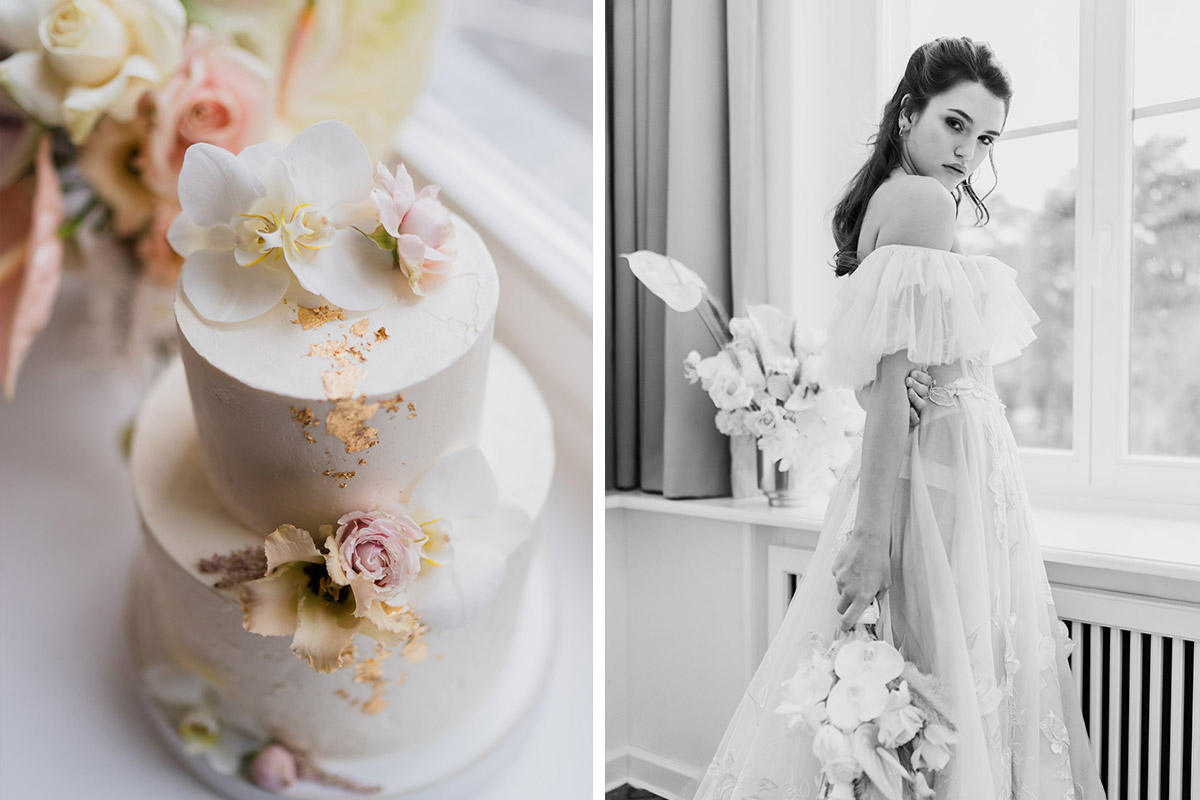 weiße Hochzeitstorte schlicht mit Gold und Blumendekor Orchidee und schulterfreies langes Brautkleid mit Spitze von Galia Lahav - Moderne Hochzeitsfotografie Berlin © www.hochzeitslicht.de