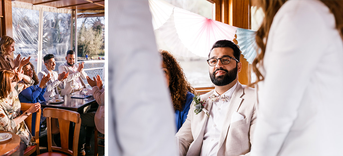 ungestellte Hochzeitsfotos Gäste und Bräutigam bei Hochzeit auf Schiff - Hochzeitsfotograf Standesamt Potsdam © www.hochzeitslicht.de