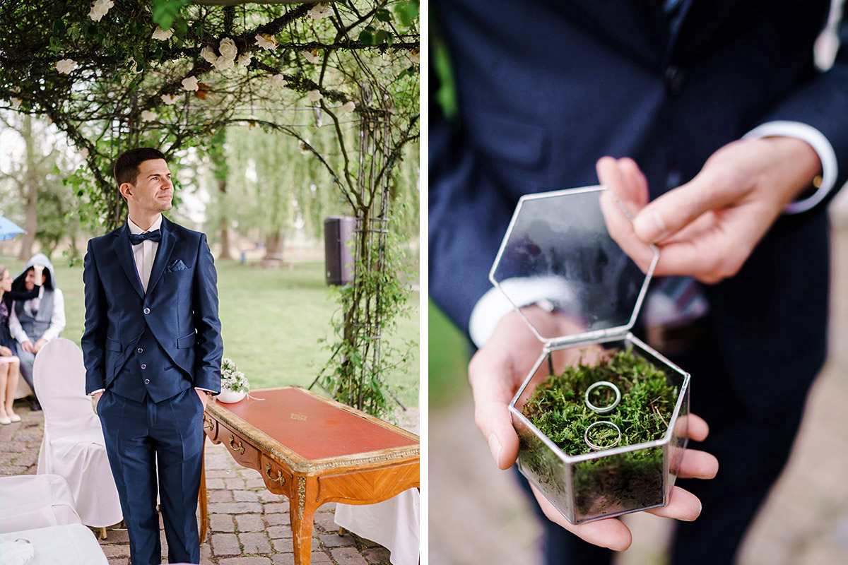 Idee Ringschale Glas mit Moos - Schloss Diedersdorf Hochzeitsfotograf © www.hochzeitslicht.de