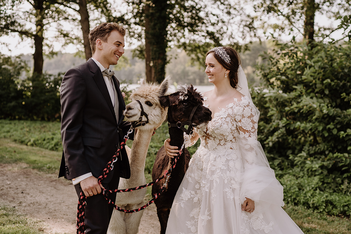 originelle Hochzeitsfotografie Brautpaar mit Alpakas - Landgut Stober Boho Hochzeit mit Alpaka von Hochzeitsfotografin Brandenburg © www.hochzeitslicht.de