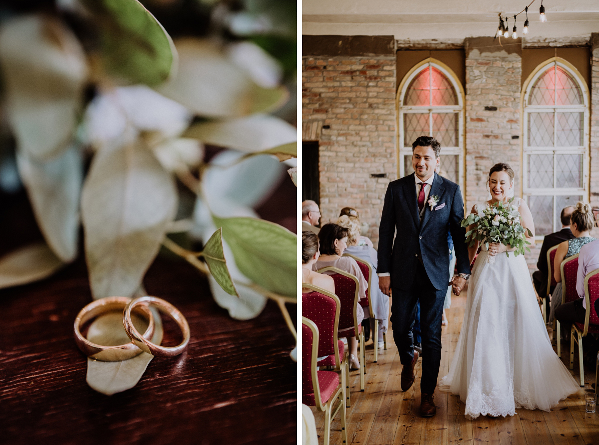 ungestelltes Hochzeitsfoto Auszug Brautpaar Lofthochzeit - Berliner Hochzeitsfotografin dokumentiert urbane Hochzeit im Tangoloft Berlin Wedding - Hochzeitslocation am Wasser © www.hochzeitslicht.de