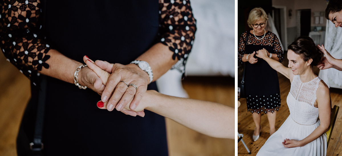 Inspiration emotionale Hochzeitsfotos Braut mit Mutter Vorbereitungen - Boho-Scheunenhochzeit in Brandenburg im Schmetterlingsgarten mit Hochzeitsfotografin aus Berlin © www.hochzeitslicht.de