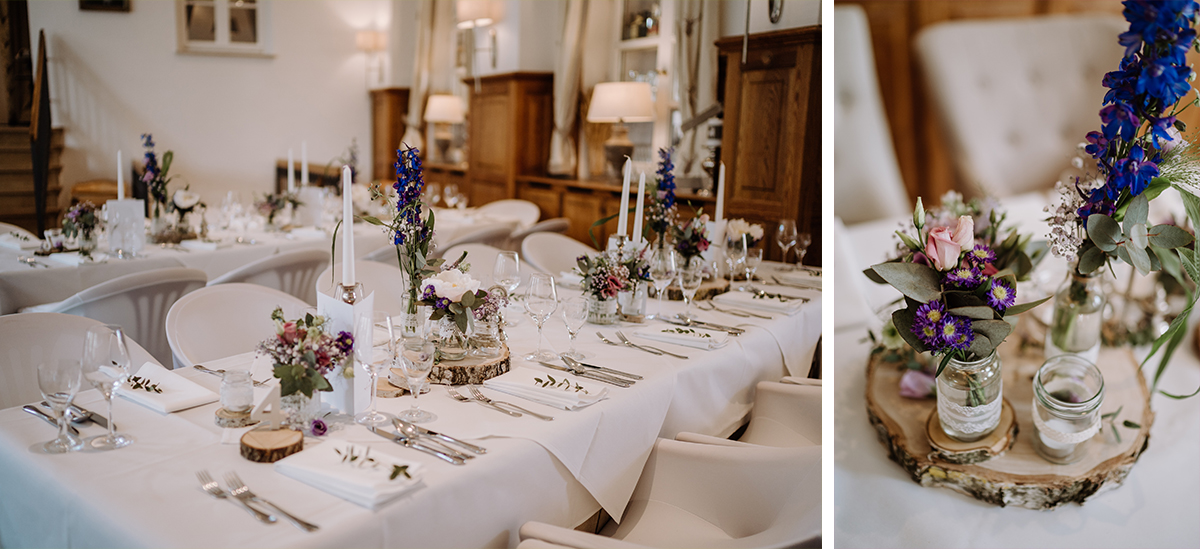 Ideen natürliche Tischdekoration DIY Holz Sommerblumen rustikal-elegante Landhochzeit - Spreewald Hochzeitsfotografin im Standesamt Weidendom Hochzeit am Wasser im Spreewaldresort Seinerzeit © www.hochzeitslicht.de