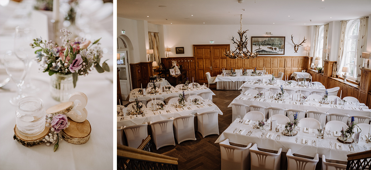 Tischdeko Ideen natürliche Landhochzeit Sommerblumen Holz weiß - Spreewald Hochzeitsfotografin im Standesamt Weidendom Hochzeit am Wasser im Spreewaldresort Seinerzeit © www.hochzeitslicht.de