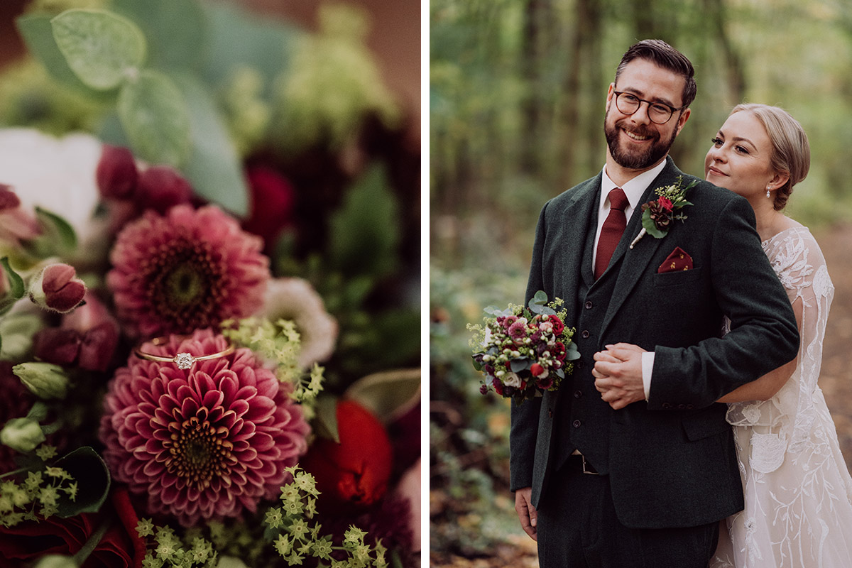 Hochzeitsfotografie Brautpaar Herbsthochzeit Brautstrauß dunkelrote Dahlien - vintage DIY Waldhochzeit in Berlin von Villa Schützenhof Hochzeitsfotografin © www.hochzeitslicht.de