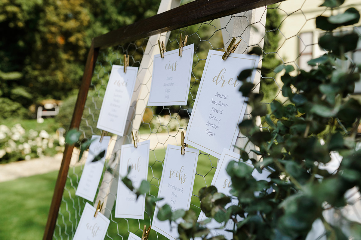 Inspiration DIY Sitzplan elegante Sommerhochzeit weiß gold - Potsdam Hochzeitsfotografin im Gut Schloss Golm für Hochzeit am Wasser und im Wald © www.hochzeitslicht.de