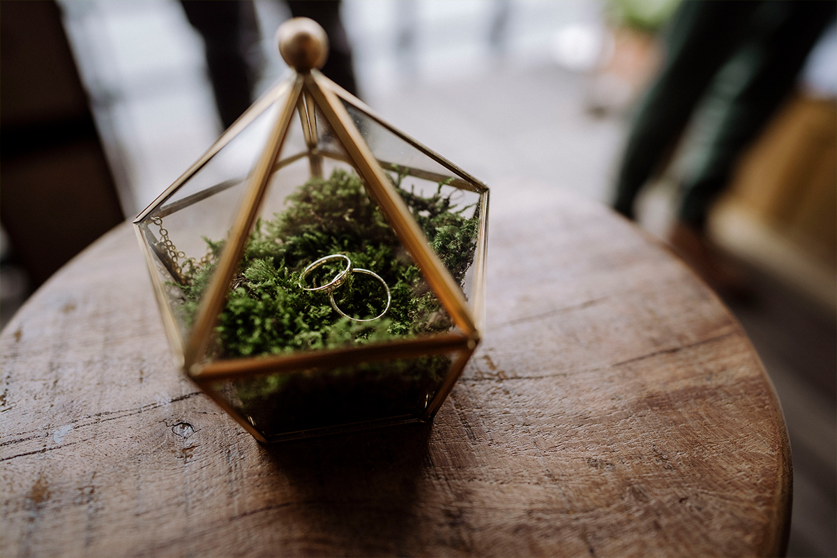 Idee originelles modernes Ringkissen Terrarium mit Moos - urbane Hochzeitsfotos im Restaurant Sonnendeck Hochzeitslocation am Wasser Hochzeitsfotograf Berlin © www.hochzeitslicht.de