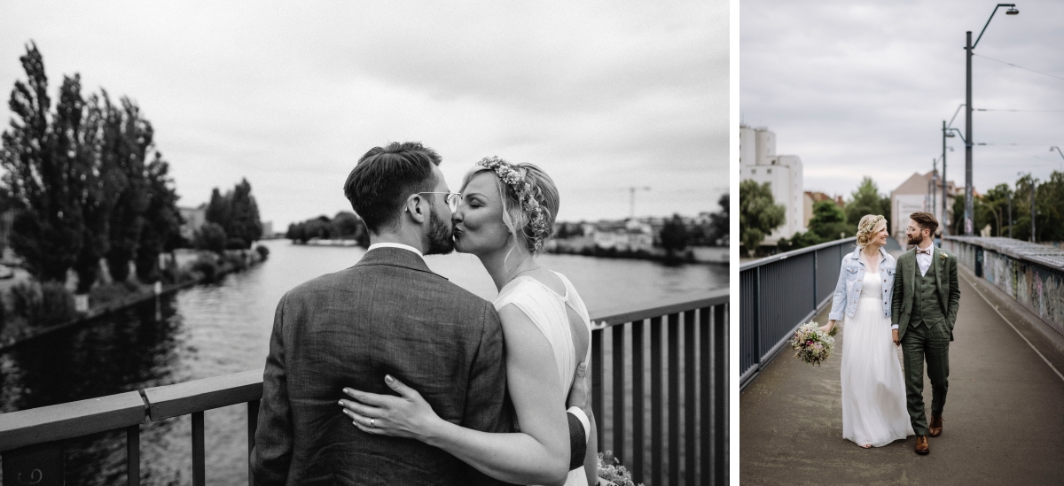 Hochzeitsfoto Brautpaar von hinten am Wasser und Brautpaarfotoshooting Regenhochzeit Stadt - urbane Hochzeitsfotos im Restaurant Sonnendeck Hochzeitslocation am Wasser Hochzeitsfotograf Berlin © www.hochzeitslicht.de