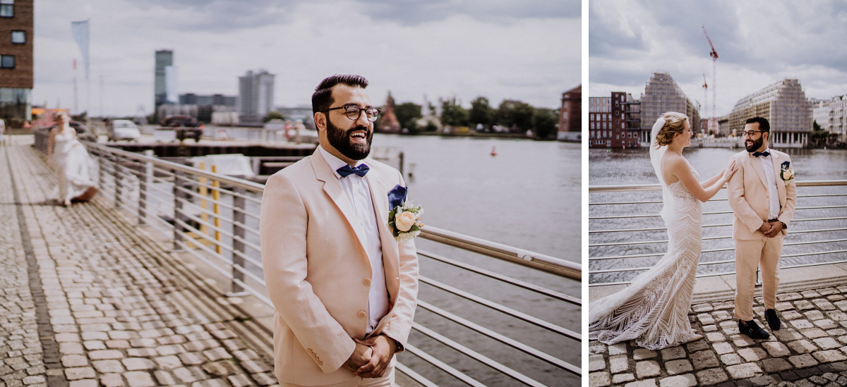 First Look Brautpaar am Wasser - Persische Boho-Chic Hochzeit in der Malzfabrik Berlin von Hochzeitsfotografin aus Berlin Friedrichshain © www.hochzeitslicht.de #hochzeitslicht