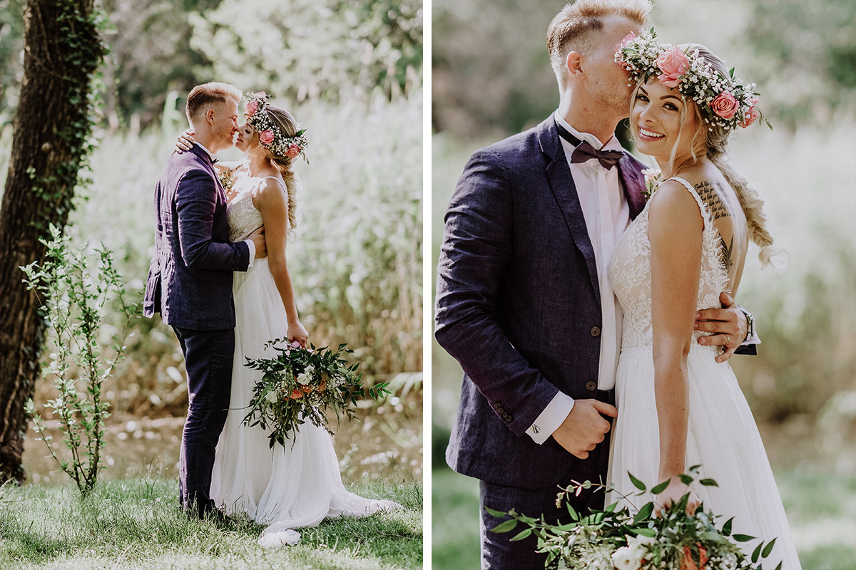 Hochzeitsfotografie Brautpaar Boho Hochzeit am See im Sommer Brandenburg - Standesamt Hochzeit am Wasser in Seelodge von Hochzeitsfotograf Brandenburg © www.hochzeitslicht.de #hochzeitslicht