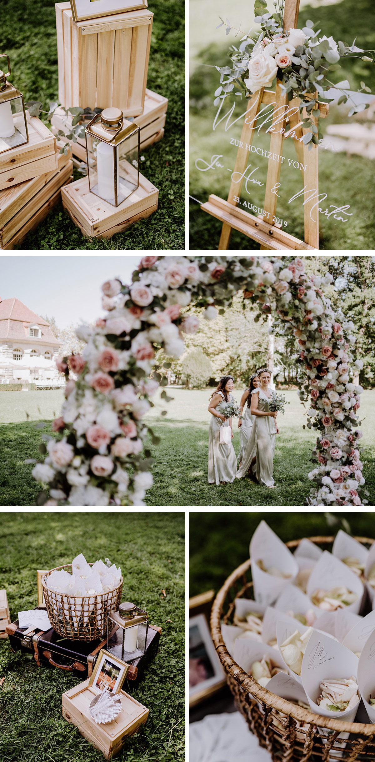 Hochzeitsdeko Ideen, vintage Deko freie Trauung, Traubogen aus Hochzeitsblumen Rosen in Weiß, Rosé, grün-blaue Eukalyptus Töne, Willkommens-Schild, Streublumen, Vintage-Koffer, Brautjungfernkleider pastell grün #Bridemaids vom Hochzeit mit koreanischer Trauung von Hochzeitsfotografin aus Berlin #hochzeitslicht © www.hochzeitslicht.de