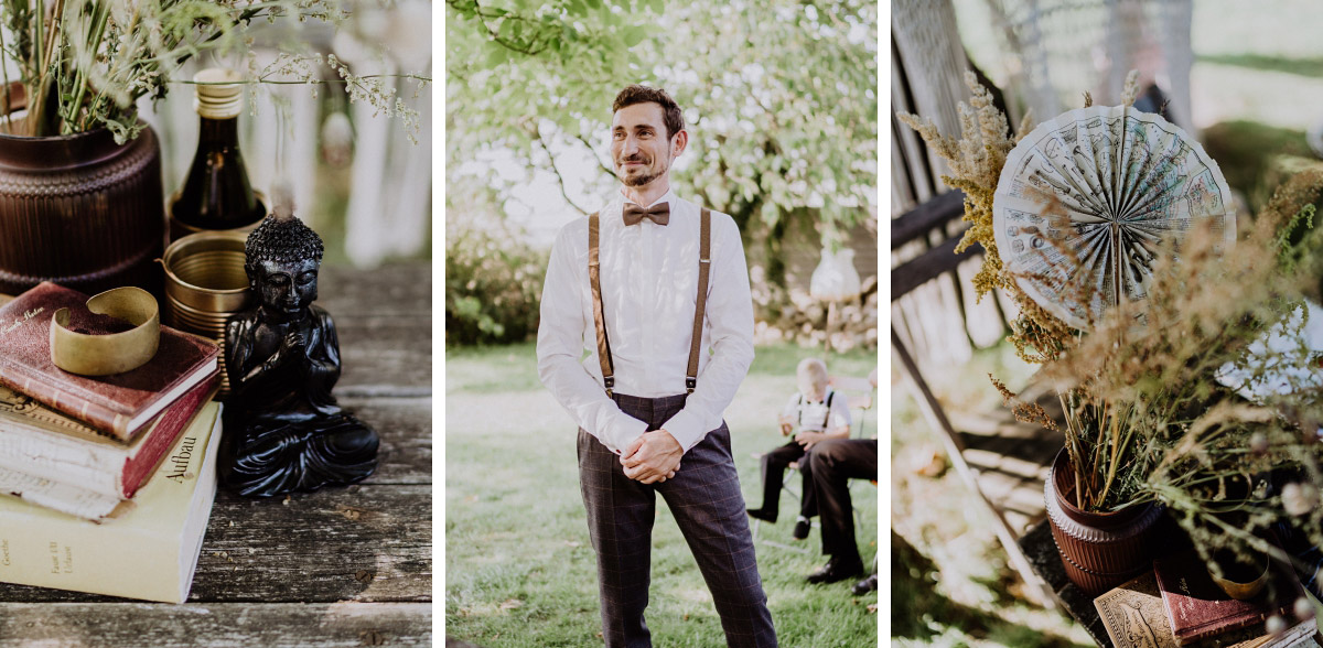 Gartenhochzeit Deko Baum für freie Trauung im Boho-Stil; heiraten auf der Wiese mit Scheune im vintage und boho Stil in Brandenburg Gartenglück Wegendorf von Hochzeitsfotograf aus Berlin #hochzeitslicht © www.hochzeitslicht.de