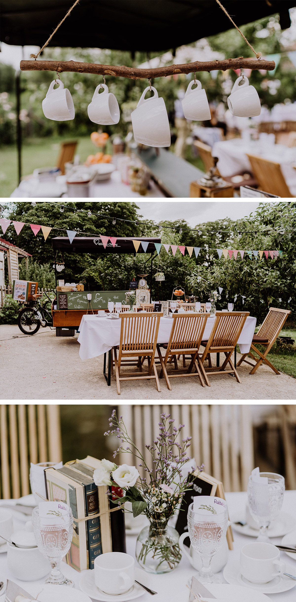 Garten Hochzeit Dekoration Tisch mit alten Büchern für Tischnummer und Idee zur Unterhaltung Gäste Getränkewagen Fahrrad auf Hochzeitsfeier