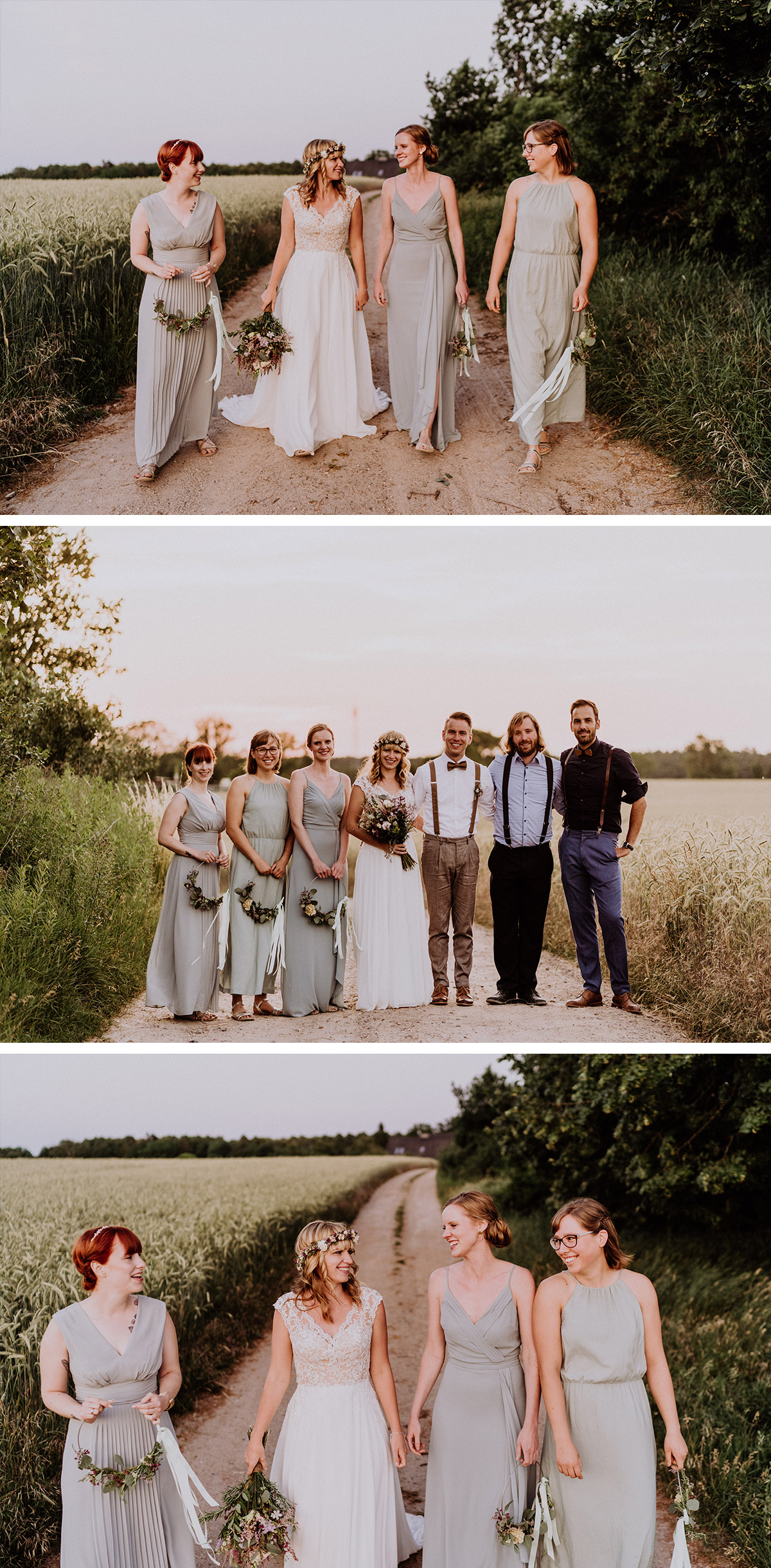 Gruppenfoto Ideen Hochzeit mit Brautjungfern Trauzeugen und Trauzeugin natürlich im Gehen auf Felweg in Natur #bridemaids bei Hochzeitslocation Ferienscheune Barnimer Feldmark von Hochzeitsfotograf aus Berlin #hochzeitslicht © www.hochzeitslicht.de