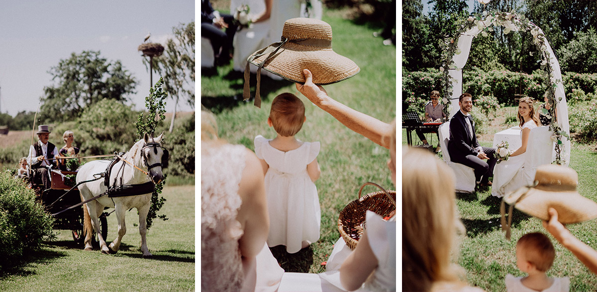 Standesamt Garten Hochzeit Dekoration Tisch mit Traubogen; Bitte Sonnenschirme nicht vergessen, wenn es sehr heiß wird!