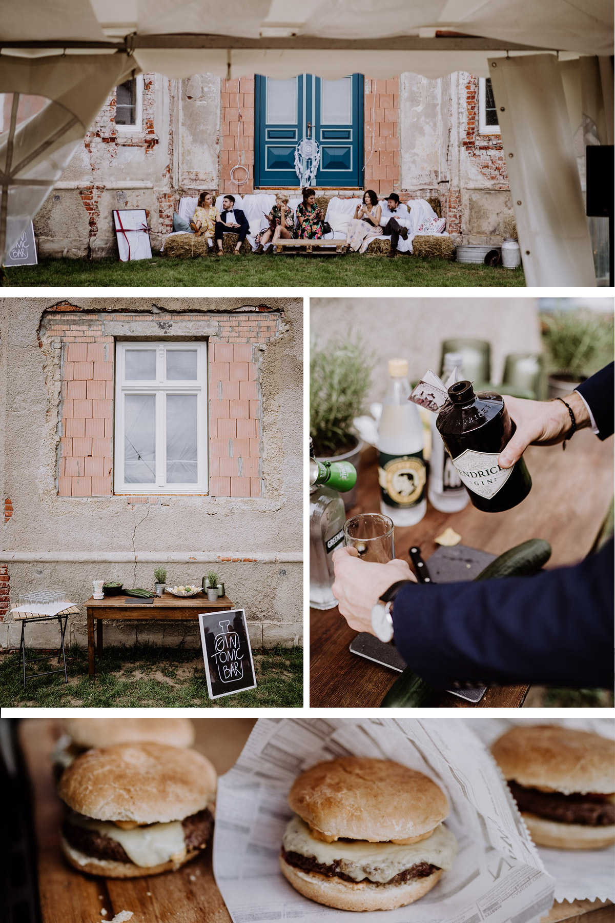 Garten Hochzeit Ideen: DIY Sitzecke aus Strohballen im Vintage Look; selbst gemachter Boho Traumfänger; zur Unterhaltung Gäste Gin Tonic Bar und Burger #DIY-Feier zuhause draußen im Garten von Hochzeitsfotografin aus Berlin #hochzeitslicht © www.hochzeitslicht.de #gartenfeier #gartenhochzeit #hochzeitsdeko 