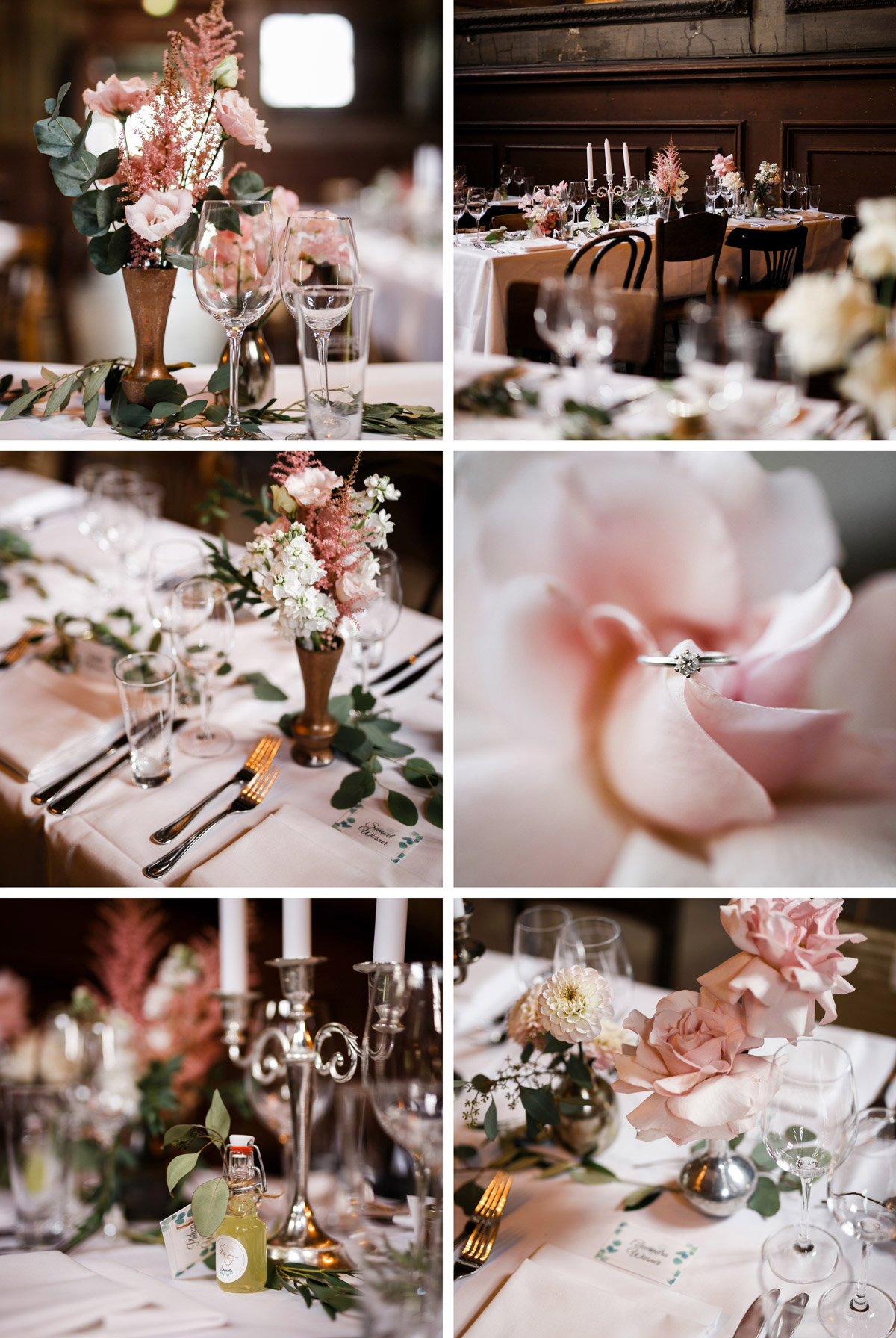 Hochzeit Tischdekoration Eukalyptus Rosa Gold, Silber, Kupfer, englische Rosen mit Verlobungsring, Hochzeitsblumen im Clärchens Ballhaus von Hochzeitsfotograf Berlin © www.hochzeitslicht.de #hochzeitslicht #Hochzeitsdeko #Tischdeko #Gastgeschenk