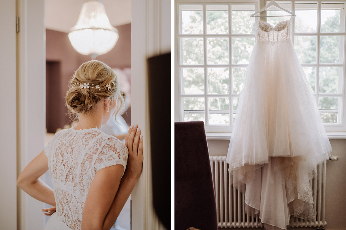 Idee Hochzeitsfoto Brautkleid Fenster - Hochzeit Shooting Ideen von vintage Hochzeitsfotograf Berlin © www.hochzeitslicht.de #hochzeitslicht auf Schloss Kartzow