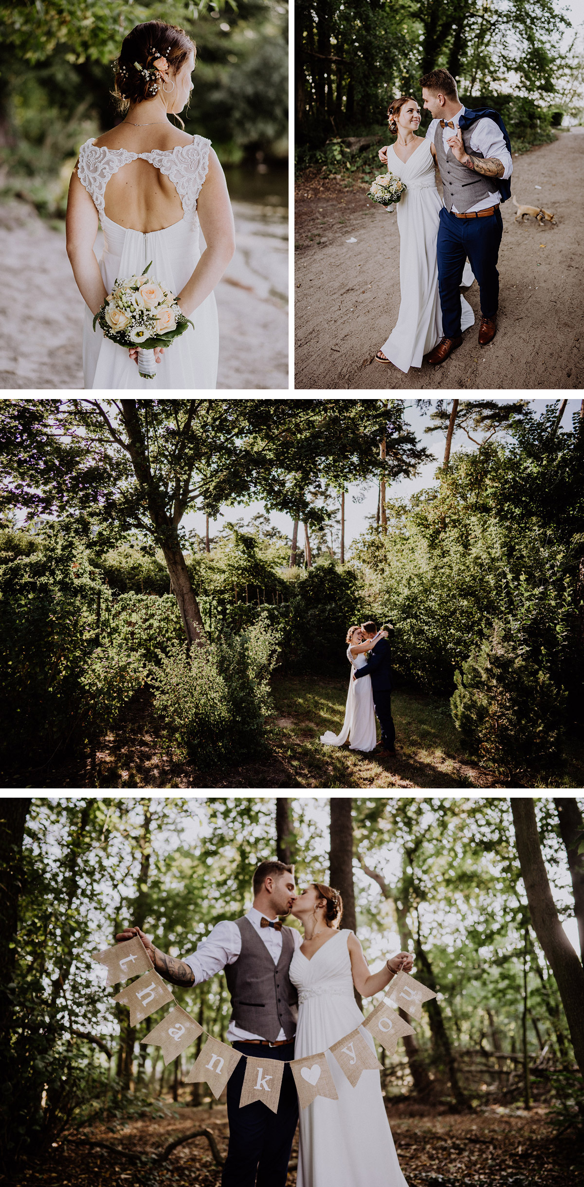 Brautshooting Ideen Standesamt: Brautpaar im Wald mit thank you Girlande, vintage Brautkleid mit Spitze - mehr im Blog von © www.hochzeitslicht.de Hochzeitsfotograf Berlin #hochzeitslicht #brautpaarshooting #weddingshooting